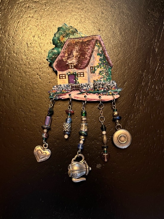 Jewelry - Vintage Hand Painted House Brooch with Dangling Charms